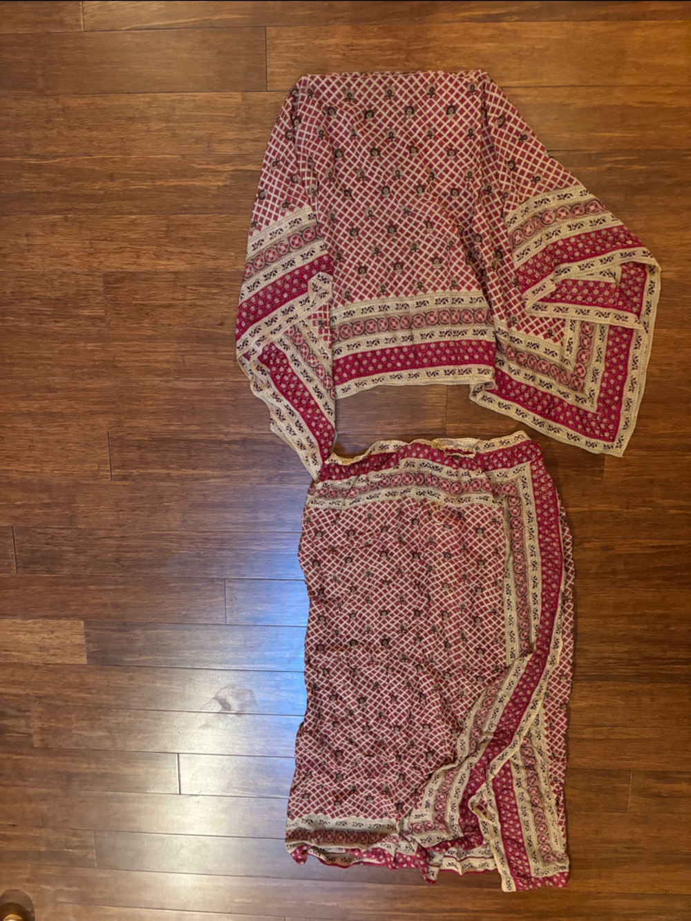 Judith Ann for Heiser -Egan Printed Burgundy Wrap Skirt and matching scarf top